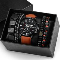 Jam Tangan Quartz Fashion Klasik Set Gelang dan Jam Tangan Pria Grosir Bahan Alloy CC002 Kaca Perhiasan Fashion Kulit Bulat 14mm