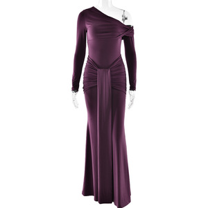 Vestido de Noche con Escote Asimétrico, Manga Larga, Estilo Sirena, Elegante, Ajustado, Color Sólido, Cintura Plisada, Hombros Descubiertos - Product Image 5