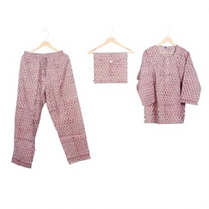 Conjunto de Pijama para Mujer, 100% Algodón, Estampado Floral a Mano, Manga Larga, Corte Holgado, Cuello Redondo, Cintura Elástica, Ropa de Dormir Informal - Product Image 1