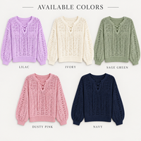 Pull personnalisé pour femme en maille ajourée, col lacé, manches longues bouffantes, idéal pour les vacances
