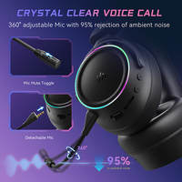 Casque de jeu sans fil RGB à éclairage sur les oreilles, son surround, basses profondes, avec micro pour PC Gamer