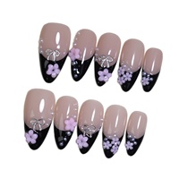 10 pièces/boîte Faux ongles en résine à coller, style français noir, petites fleurs, nude, forme amande moyenne, pour nail art
