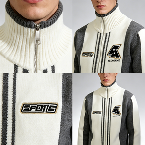 <span class=keywords><strong>Cardigan</strong></span> en tricot pour <span class=keywords><strong>homme</strong></span> à col montant zippé, style <span class=keywords><strong>vintage</strong></span>, rayé, avec broderie de lettres, décontracté et chaud - Product Image 3