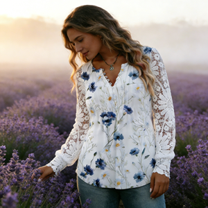 Haut décontracté européen sexy en dentelle à manches longues grande taille pour femme, coupe ample, motif floral, boutonné, printemps-été-automne - Product Image 5