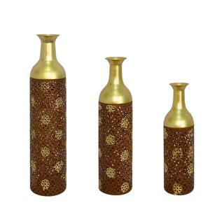 Ensemble de 3 vases décoratifs en métal, motif feuilles rustiques marron, vases de sol rustiques marron, tous les vases pour la décoration de la maison - Product Image 2