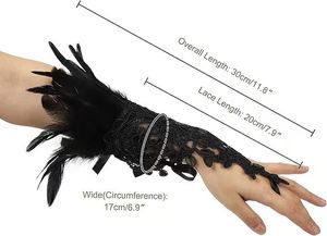 Bracciale con Piume per Halloween, Guanti in Pizzo Nero Traforato Stile Gotico, Accessori Sexy per Adulti - Product Image 2