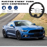 Volante de Fibra de Carbono Real para Mustang 2015-2017 en Forma de D con LED, Cuero Nappa Perforado y Base Plana