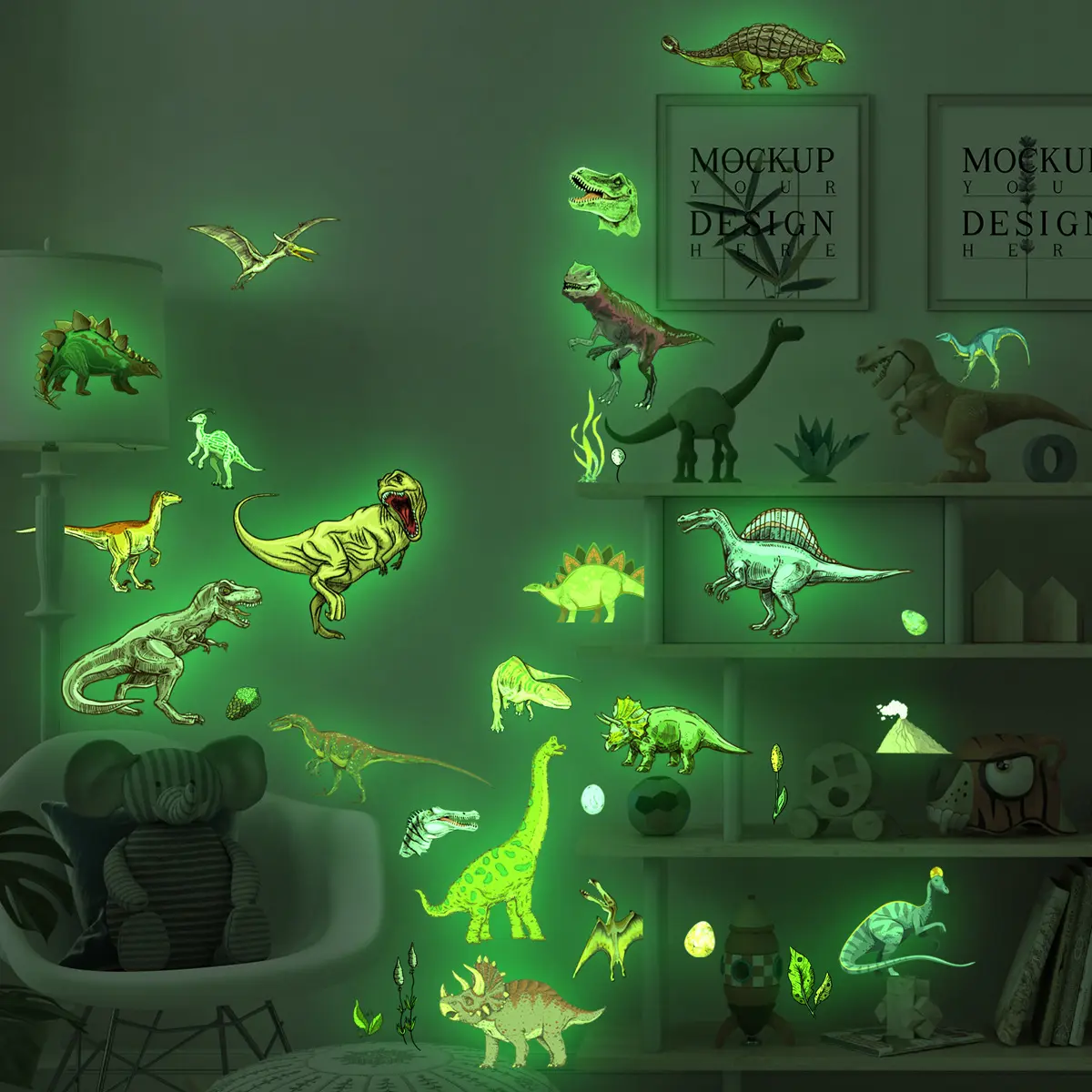 Atacado Custom Wall Stickers PVC Cartoon Glow In The Dark Luminous Kids Dinosaur Wall Adesivos decorativos para quarto