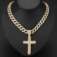 Chaîne cubaine de 15 mm de largeur avec pendentif croix à grosse boucle en alliage et strass hip-hop