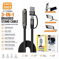 Cable de Carga Trenzado de Alta Calidad de 240W con E-Marker, Cable USB-C de Carga Rápida con Soporte Plegable para Teléfono y Adaptador USB-A