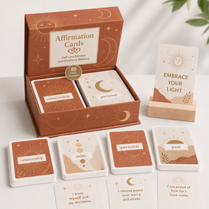 Tarjetas de Oráculo Premium Boho con Afirmaciones de Sol y Luna, Personalizables, Caja de Papel Familiar, 52 Tarjetas de Lujo con Lámina Dorada Terracota, Ecológicas y Duraderas - Product Image 1