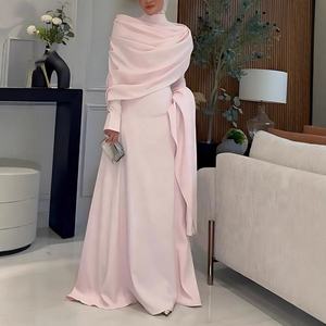 <span class=keywords><strong>Abiti</strong></span> da Sera Musulmani a Maniche Lunghe con Pieghe, Eleganti Vestiti da Donna con Colletto Alto, Abito da Festa con Patchwork Rosa, Vestiti Lunghi a Ruota dal Temperamento Raffinato - Product Image 2