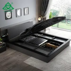 Cama de madeira grande, cama king/king com placa de cabeça para armazenamento, cama multifuncional para apartamento e quarto