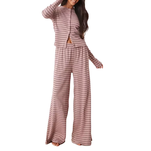 Conjuntos de Pijamas a Rayas de Moda para Mujer, Ropa de Dormir de Algodón y Spandex de Manga Larga, Venta al por Mayor - Product Image 2