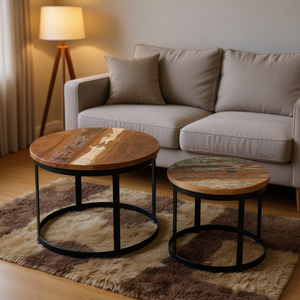 Reclaimed Wood <b>Coffee</b> <b>Table</b> Set Round 15.7 And 19.7 Inch <b>Rustic</b> Living Room Furniture Iron Frame Two Piece Set - Product Image 2