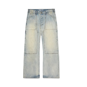 Pantalones de carpintero con apertura de pierna acampanada para hombre personalizados, doble rodilla, lavado ligero, decoloración, ligero amarilleo, Deni amarillo acampanado - Product Image 1