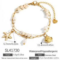 Bracelet superposé doré pour femme, en acier inoxydable, avec breloques étoile de mer, coquillage et perle d'imitation, hypoallergénique, idéal pour les vacances à la plage