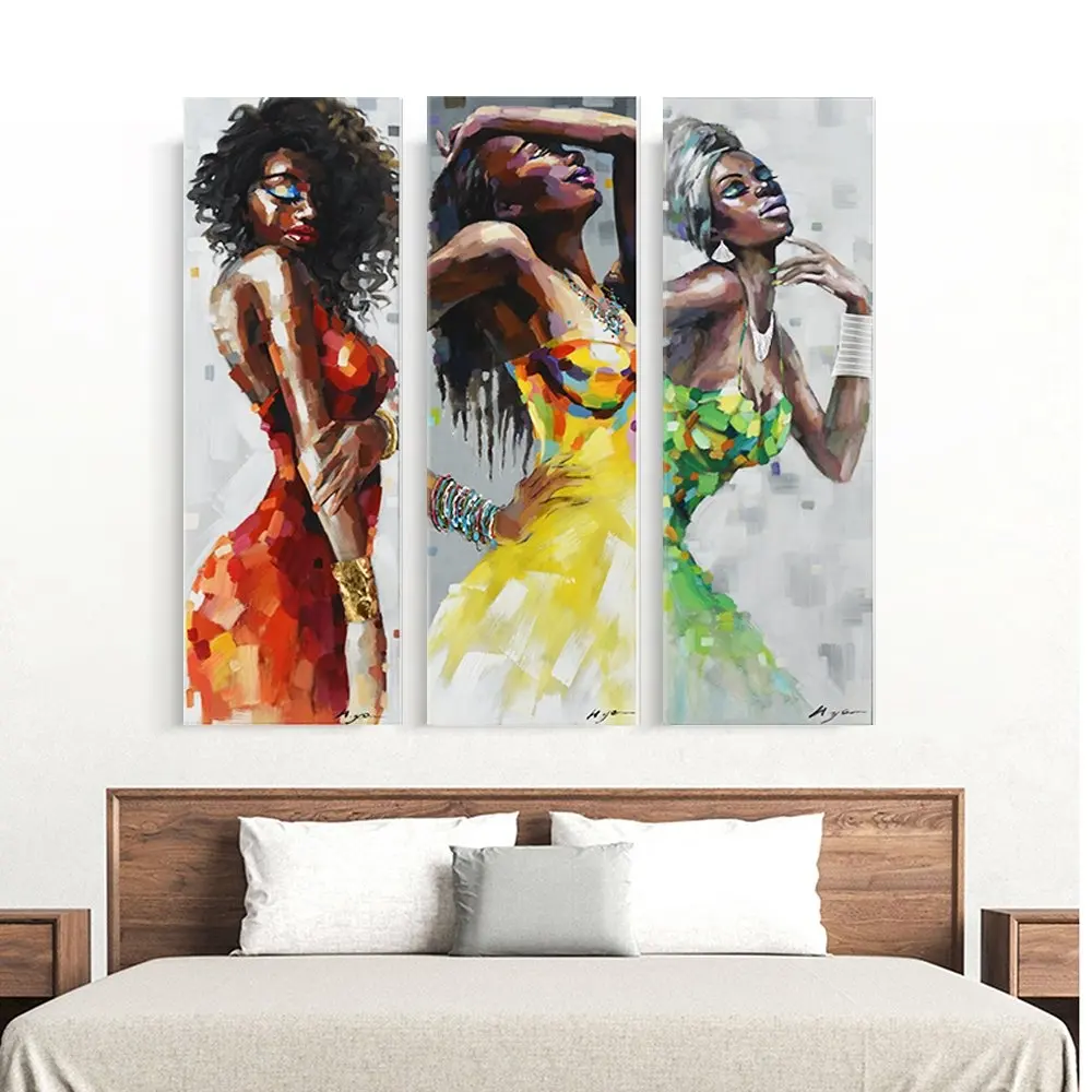 Modieuze Dansen Zwarte Vrouwen In Jurk Afrikaanse Art Canvas Schilderij Ingelijst Set Van 3 Panelen