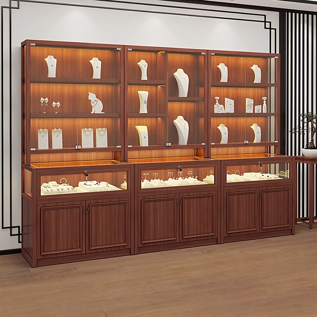 Custom Luxury Jewelry Display Case Walnut Solid Wood Curio Cabinet LED Lighting Varnished Finish Heavy Duty Ladder Shelf Glass
