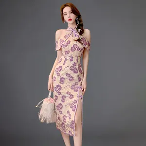 ZYHT 4827 2024 Summer Ladies Custom Strapless Purple Qipao Cheongsam Dresses Lace Mesh Print Sleeveless Woman Dress