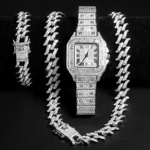 ชุดของขวัญนาฬิกาแฟชั่นแบบ Iced Out พร้อมสร้อยคอและกำไลแบบคิวบา ชุดเครื่องประดับฮิปฮอปสำหรับผู้ชาย นาฬิกาสีเงิน ของขวัญวันหยุดสำหรับผู้ชาย - Product Image 1