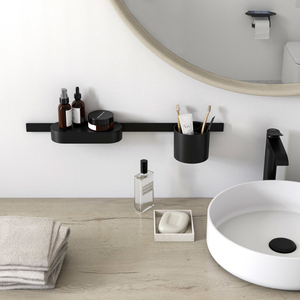 Étagère de rangement murale pour salle de bain avec porte-savon et porte-brosse à dents – Organisateur de salle de bain noir peu encombrant - Product Image 1