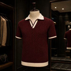 Polo de Golf Personalizado de Punto Acanalado para Hombre, Color Marfil, Estilo Old Money, Cuello Johnny, Ribete en Contraste, Marca Privada, Fabricante OEM ODM - Product Image 4