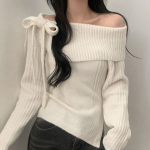 Suéter de Punto con Hombros Descubiertos para Mujer, Top de Punto con Lazo, Color Sólido, Ajustado, Suave, para Navidad, Año Nuevo, Ropa de Punto Festiva - Product Image 5