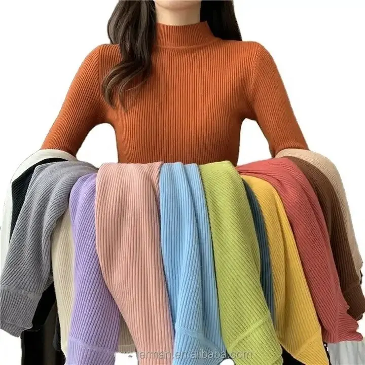 Autunno inverno vendita calda da donna tinta unita colletto alto maniche lunghe con fondo sottile maglia maglia casual maglione