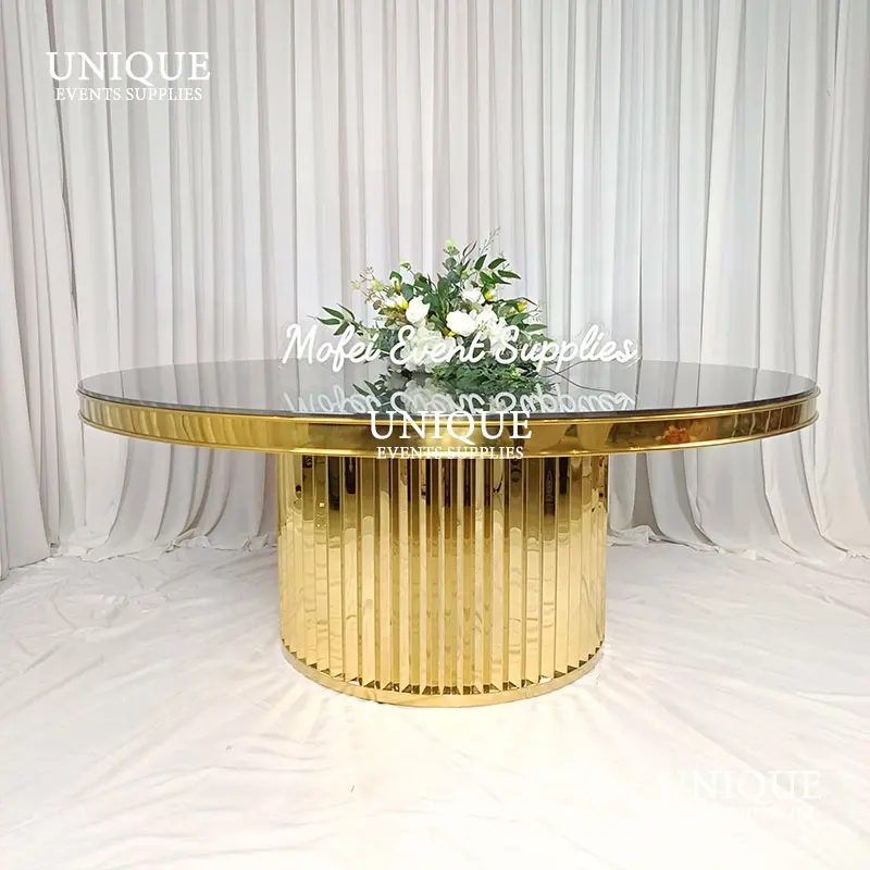 Grosir meja dan kursi pernikahan, desain baru mewah kaca bulat cermin emas stainless steel