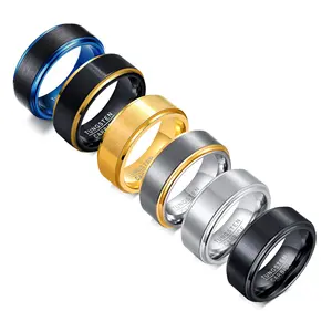 Anillos de fibra de carbono de tungsteno para hombre, 8mm, negro/azul/dorado, alianzas de boda, joyería NJ, venta al por mayor