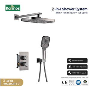 Sistema de Ducha Empotrado en Pared con Cabezal de Lluvia Rectangular y Ducha de Mano, Válvula Termostática de Latón con Doble Perilla para Baño - Product Image 1