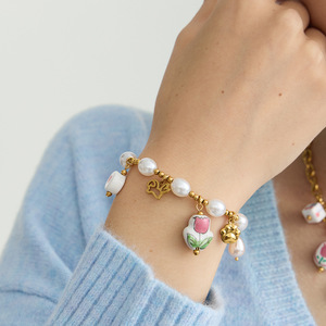 Ceramic Pearl Bracelet With Flower Charm Stainless Steel Women's Jewelry Gift - Product Image 2