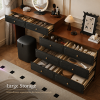 Ensemble coiffeuse vintage en noyer noir avec miroir rond, tabouret et armoire de rangement pour chambre à coucher