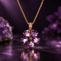 Kalung Perak Sterling 925 Berlapis Emas Rose dengan Liontin Bunga Lima Kelopak Amethyst Ungu untuk Wanita Perhiasan Berkualitas