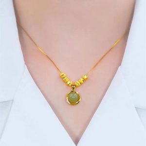 Vintage Fashion Chinese Style Gold Lucky Bead Zircon Charm Pendant Imitation Hetian Jade Charm Clavicle <b>Chain</b> Necklace for Women - Product Image 4