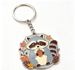 Raccoon Enamel Metal Key Chain Round Animal Keyring Autumn <b>Pinecone</b> Acorn Pendant Gift - Product Image 1