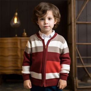 Cardigan personnalisé de haute qualité pour garçon, fermeture éclair, col rond, rayé, tricot en coton pour enfants - Product Image 3