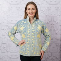 Veste courte matelassée d'hiver en velours, faite main, tricotée, broderie florale, respirante, écologique, col rond, ouverte sur le devant