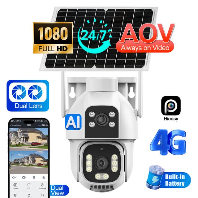 AOV Dual Lens 2MP AOV IP PTZ Wireless Outdoor CCTV Surveillance Camera 4G Sim Card Smart Home Panel Power Solar Powered Outdoor