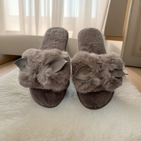Chaussons d'intérieur d'hiver pour femme, à nœud, en fausse fourrure, avec oreilles, antidérapants, résistants à l'usure, à bout ouvert, gris rose uni, chauds, doux et moelleux pour la maison