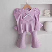 Ensemble deux pièces pour bébé fille, violet uni, style coréen, haut à manches bouffantes et pantalon évasé pour enfants