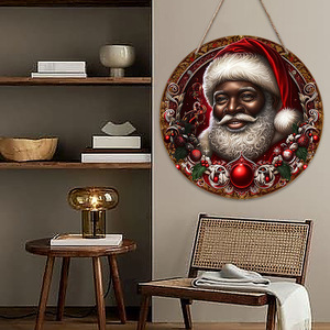En gros, Panneaux ronds en bois <span class=keywords><strong>de</strong></span> Noël, décoratifs pour porte d'entrée, articles <span class=keywords><strong>de</strong></span> décoration <span class=keywords><strong>de</strong></span> Noël, Guirlande <span class=keywords><strong>de</strong></span> Noël noire Père Noël - Product Image 4