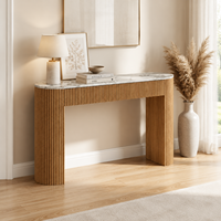 Table console incurvée en bois cannelé, table d'entrée en faux marbre pour couloir