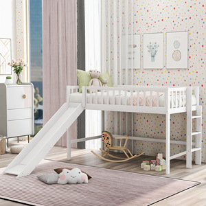 เตียงสองชั้นไม้สีขาวพร้อมสไลเดอร์และบันไดสำหรับห้องนอนเด็ก - Product Image 4