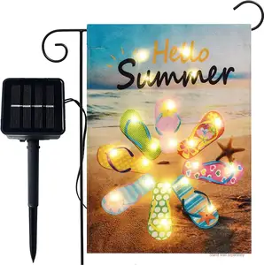 Hello Summer Beach Flip Flop Garden Flag with Lights- Solar LED Burlap Garden Yard Outdoor Flags Summer