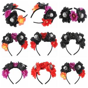 Diadema con velo de rosa para Halloween, corona de calavera negra, bandas para el pelo, aros para el pelo de flores góticas, tocados de fiesta de disfraces para mujer - Product Image 2