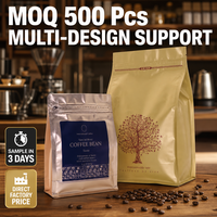 Sacs à café personnalisés mats dorés à fond carré avec valve et fermeture éclair, scellés sur huit côtés, emballage anti-humidité pour grains de café et gelée