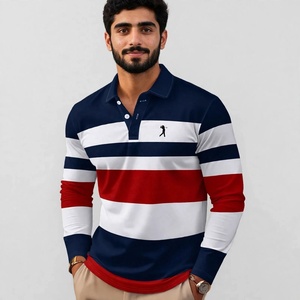 Polo de rugby décontracté pour homme à manches longues, rayé, avec blocs de couleur contrastés, en mélange de coton, vente en gros, OEM - Product Image 1