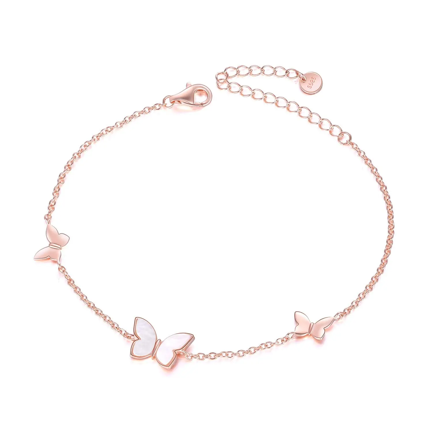 Fashion Sterling Silver 925 Jewelry Gift Rose Gold Pink Butterfly Adjustable Bracelet For Women